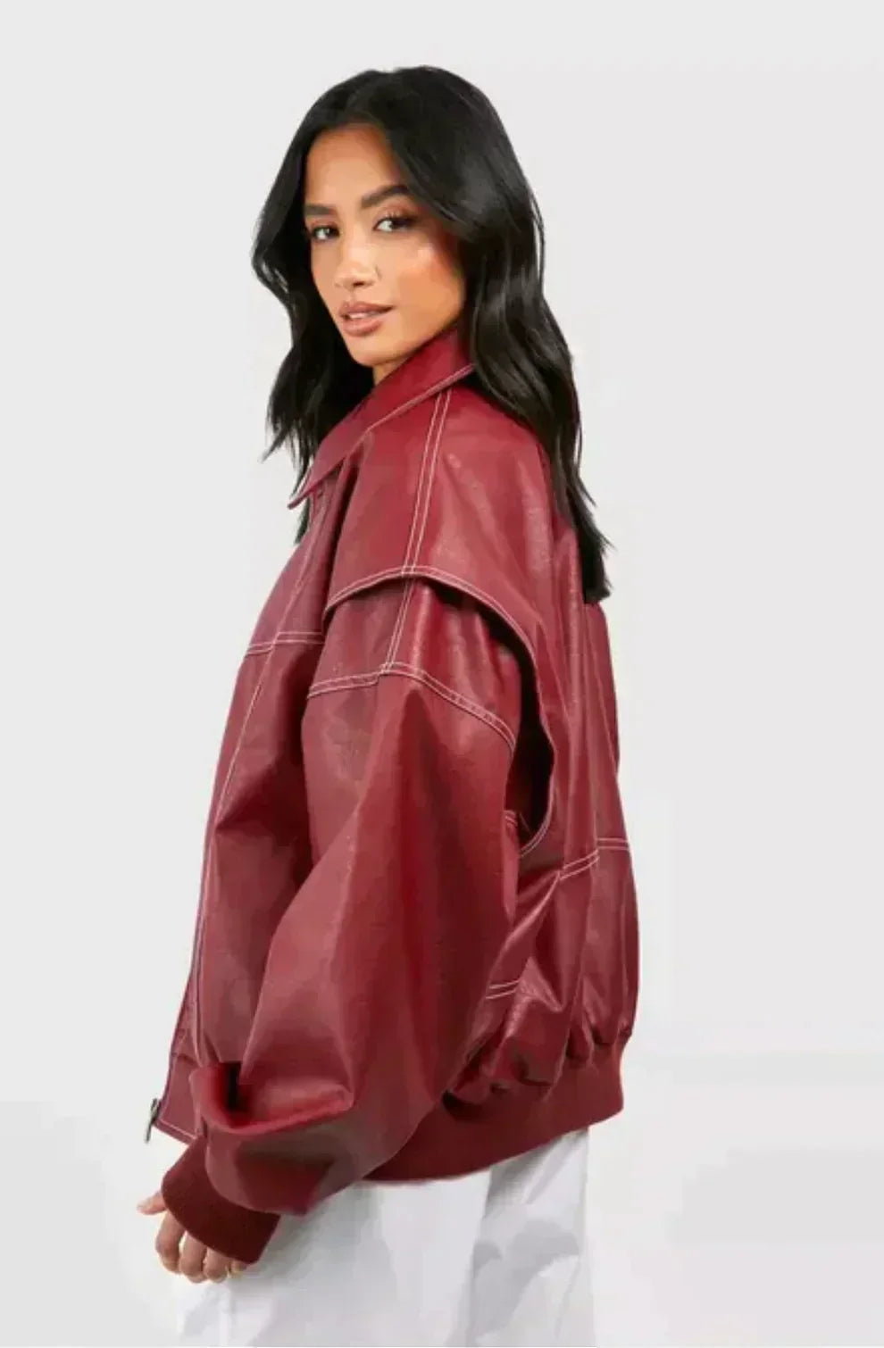 Women's Leather Bomber Jacket with Collared Neck and Ribbed Cuffs