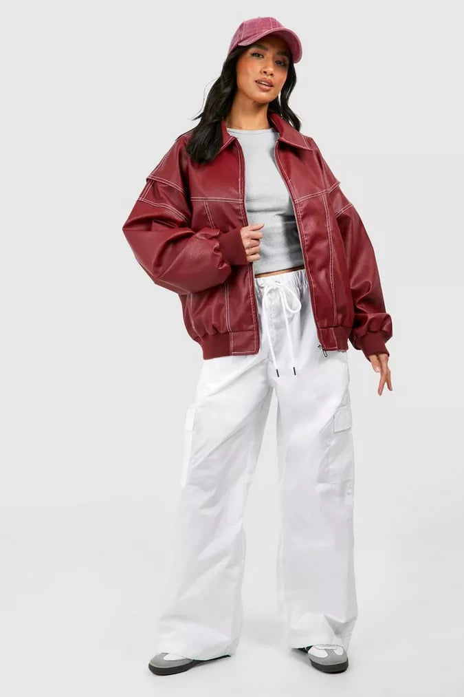 Women's Leather Bomber Jacket with Collared Neck and Ribbed Cuffs