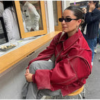 Women's Leather Bomber Jacket with Collared Neck and Ribbed Cuffs