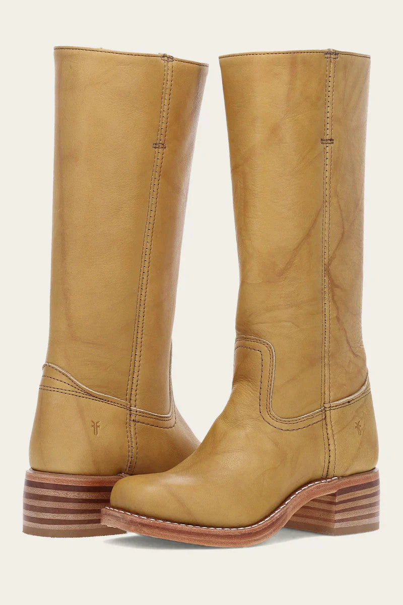 Women's Mid Calf Boots with Block Heel and Stitch Detail - Leather