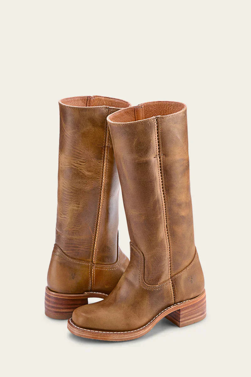 Women's Mid Calf Boots with Block Heel and Stitch Detail - Leather