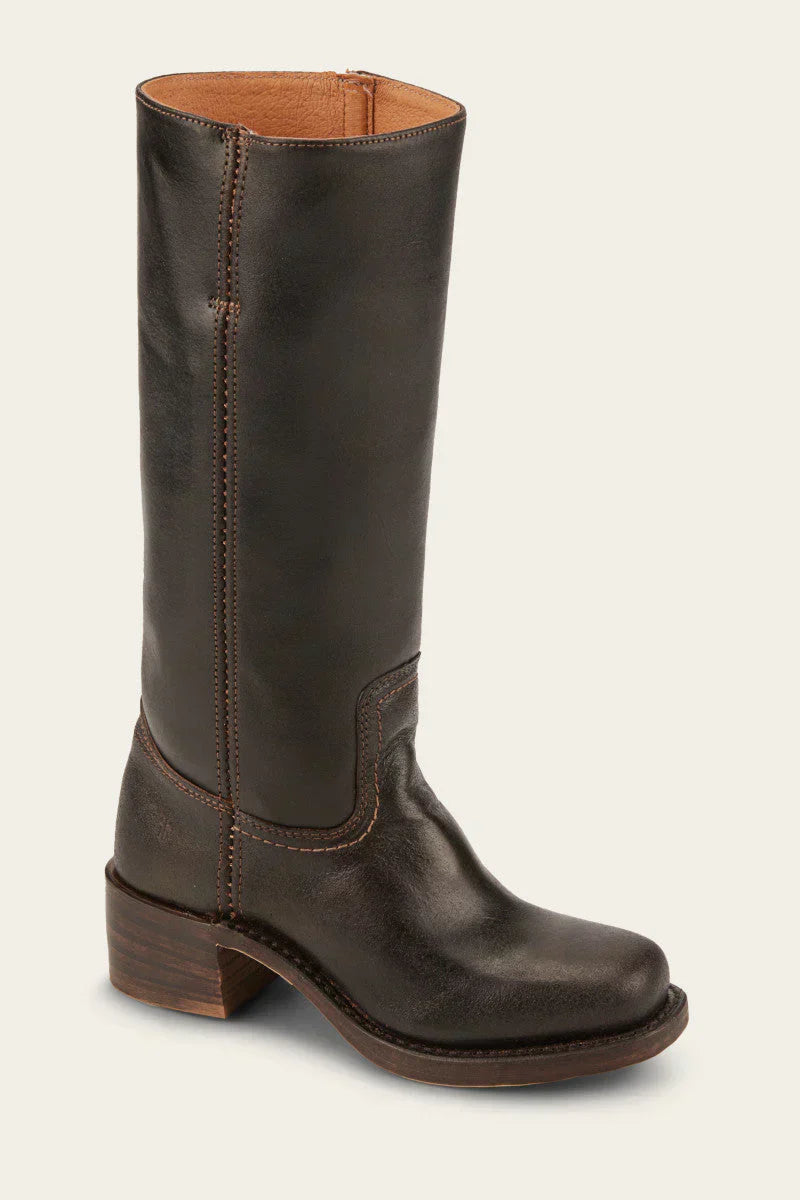 Women's Mid Calf Boots with Block Heel and Stitch Detail - Leather