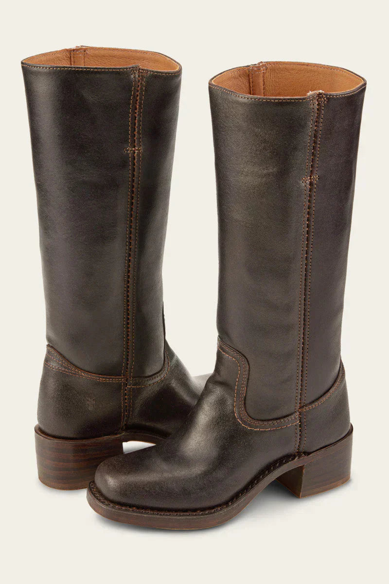 Women's Mid Calf Boots with Block Heel and Stitch Detail - Leather
