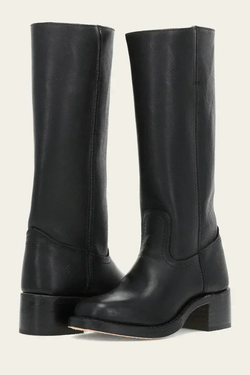 Women's Mid Calf Boots with Block Heel and Stitch Detail - Leather