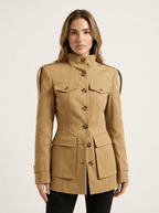 Women's Utility Jacket with High Collar and Button Closure