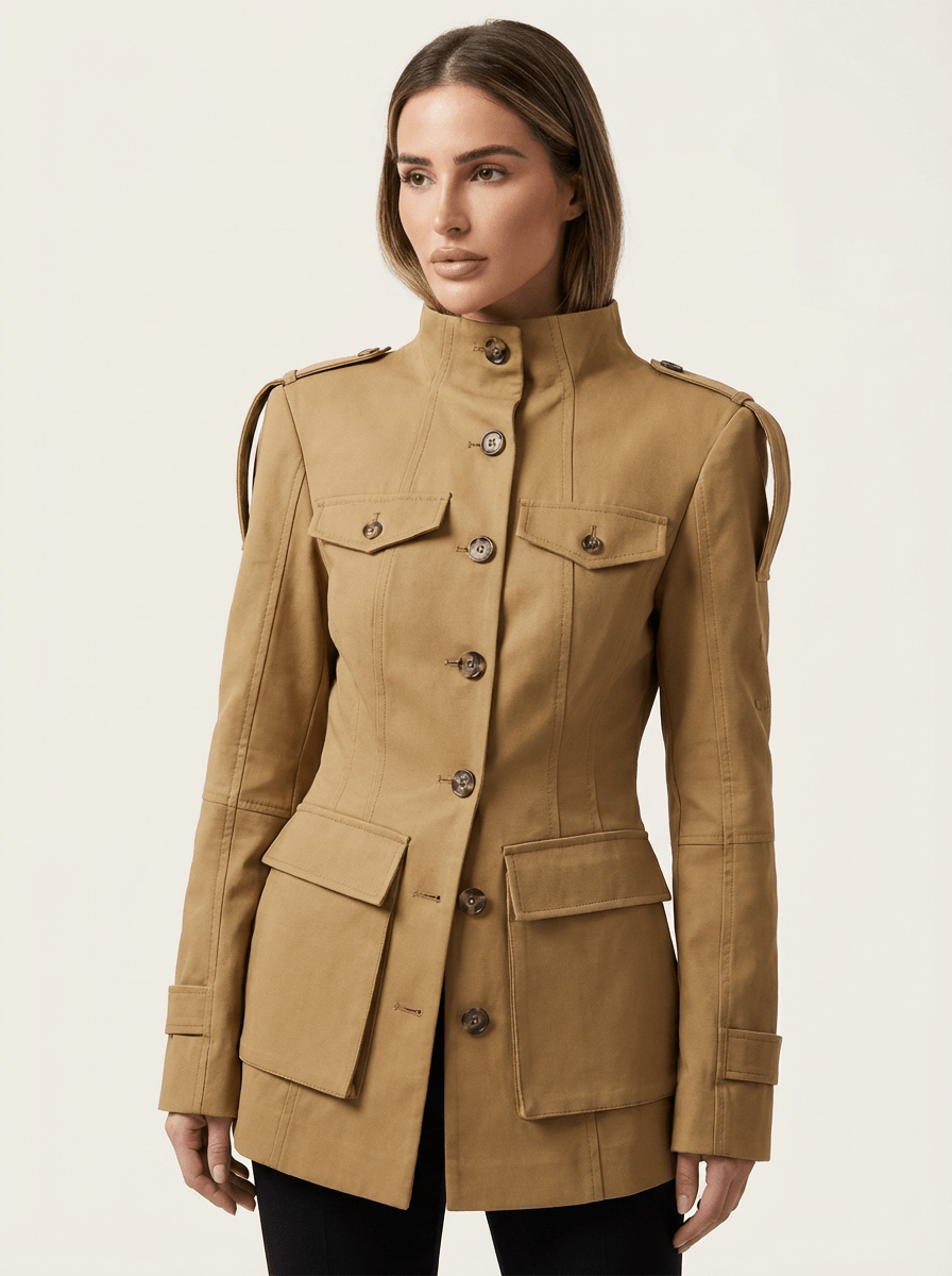 Women's Utility Jacket with High Collar and Button Closure