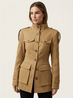 Women's Utility Jacket with High Collar and Button Closure