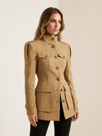 Women's Utility Jacket with High Collar and Button Closure