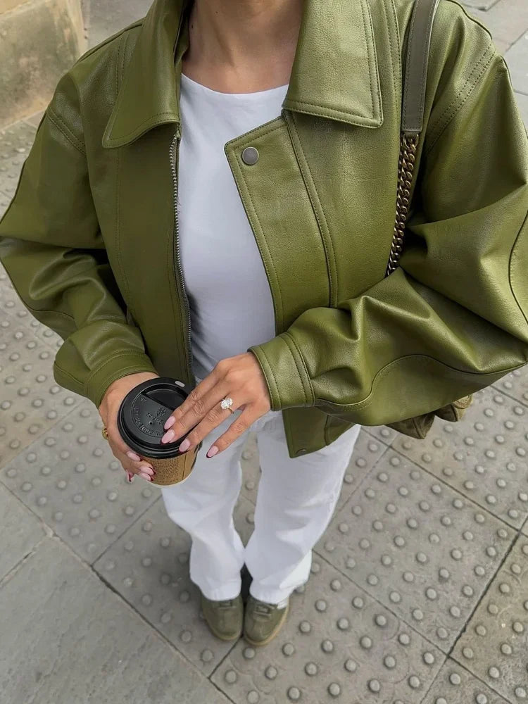 Women's Leather Bomber Jacket with Collared Neck and Zipper Closure