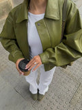 Women's Leather Bomber Jacket with Collared Neck and Zipper Closure