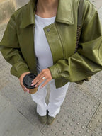 Women's Leather Bomber Jacket with Collared Neck and Zipper Closure
