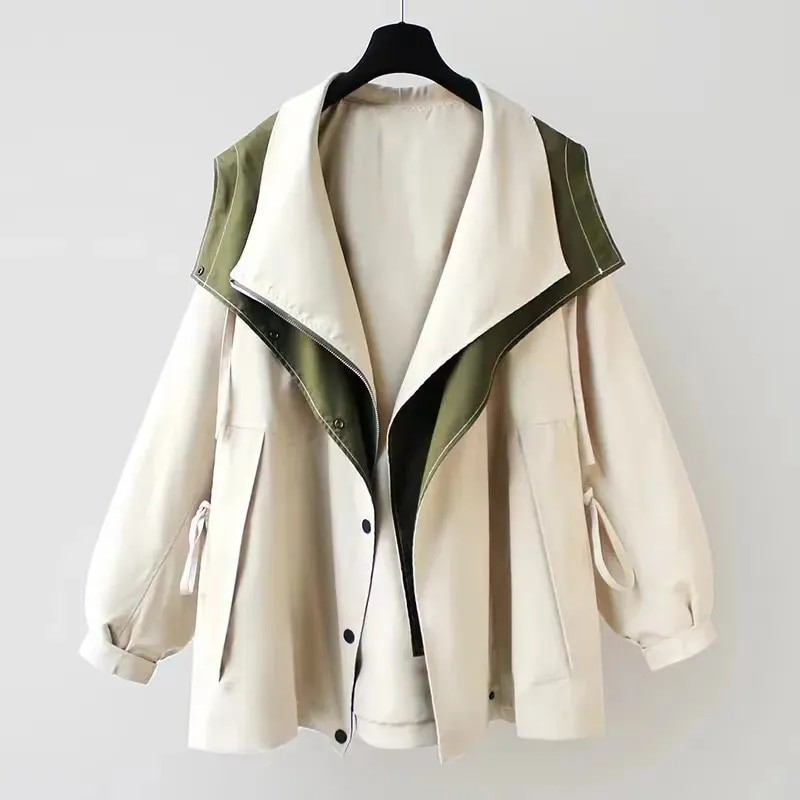 Women's Trench Coat with Hood and Drawstring Waist