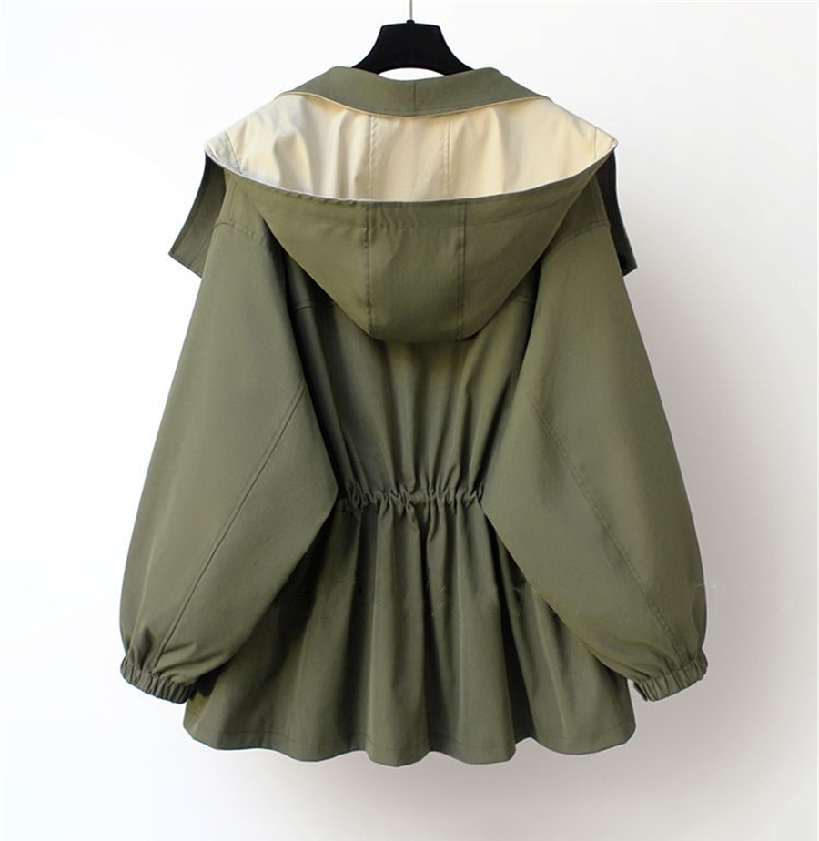 Women's Trench Coat with Hood and Drawstring Waist