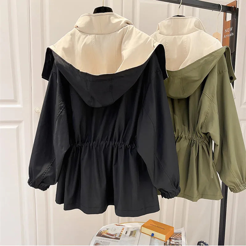 Women's Trench Coat with Hood and Drawstring Waist