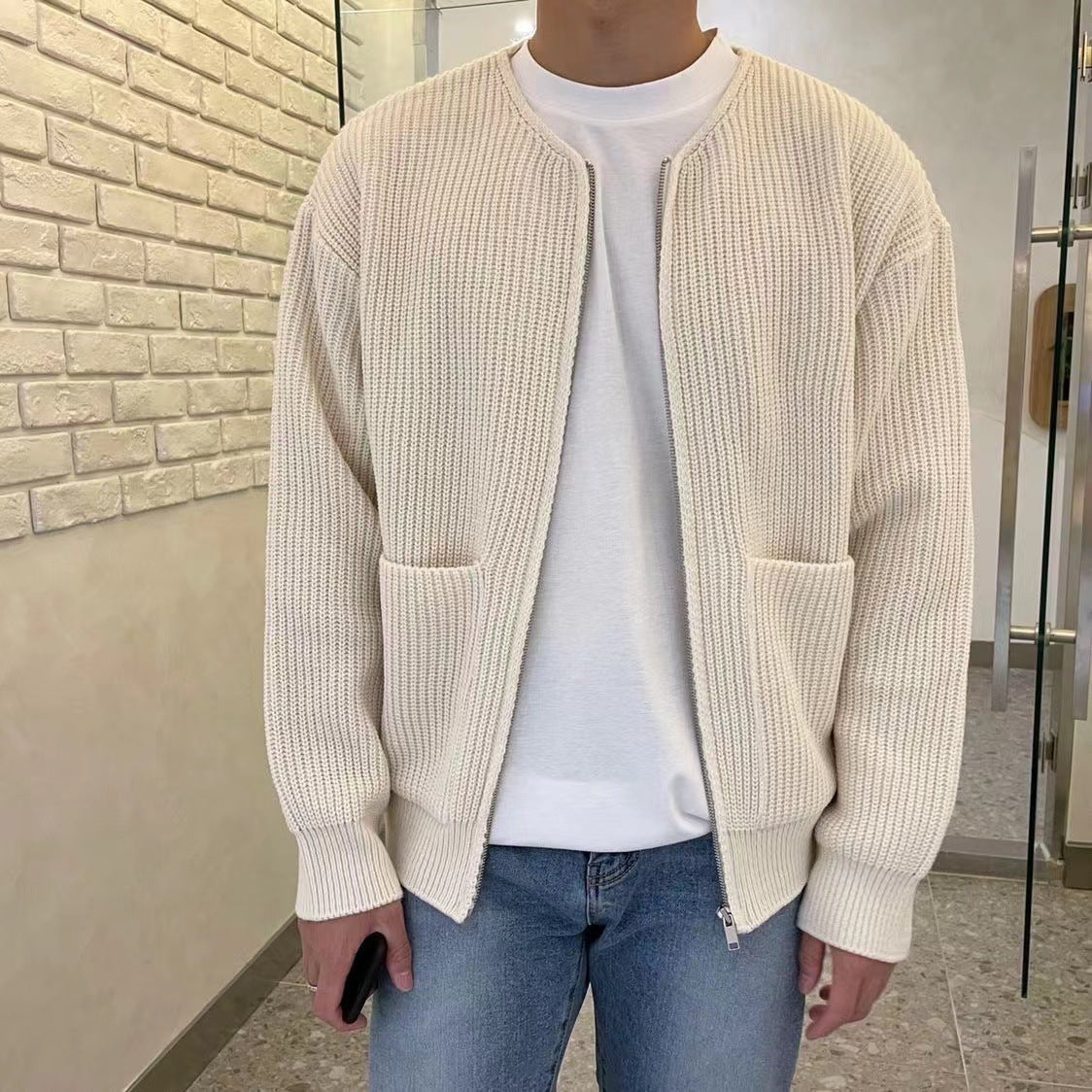 Dennis | Men's Ribbed Zip-Up Bomber Cardigan – Stylish Knit Jacket with Stand Collar