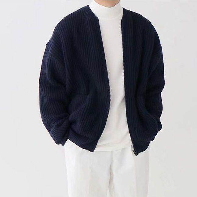 Dennis | Men's Ribbed Zip-Up Bomber Cardigan – Stylish Knit Jacket with Stand Collar