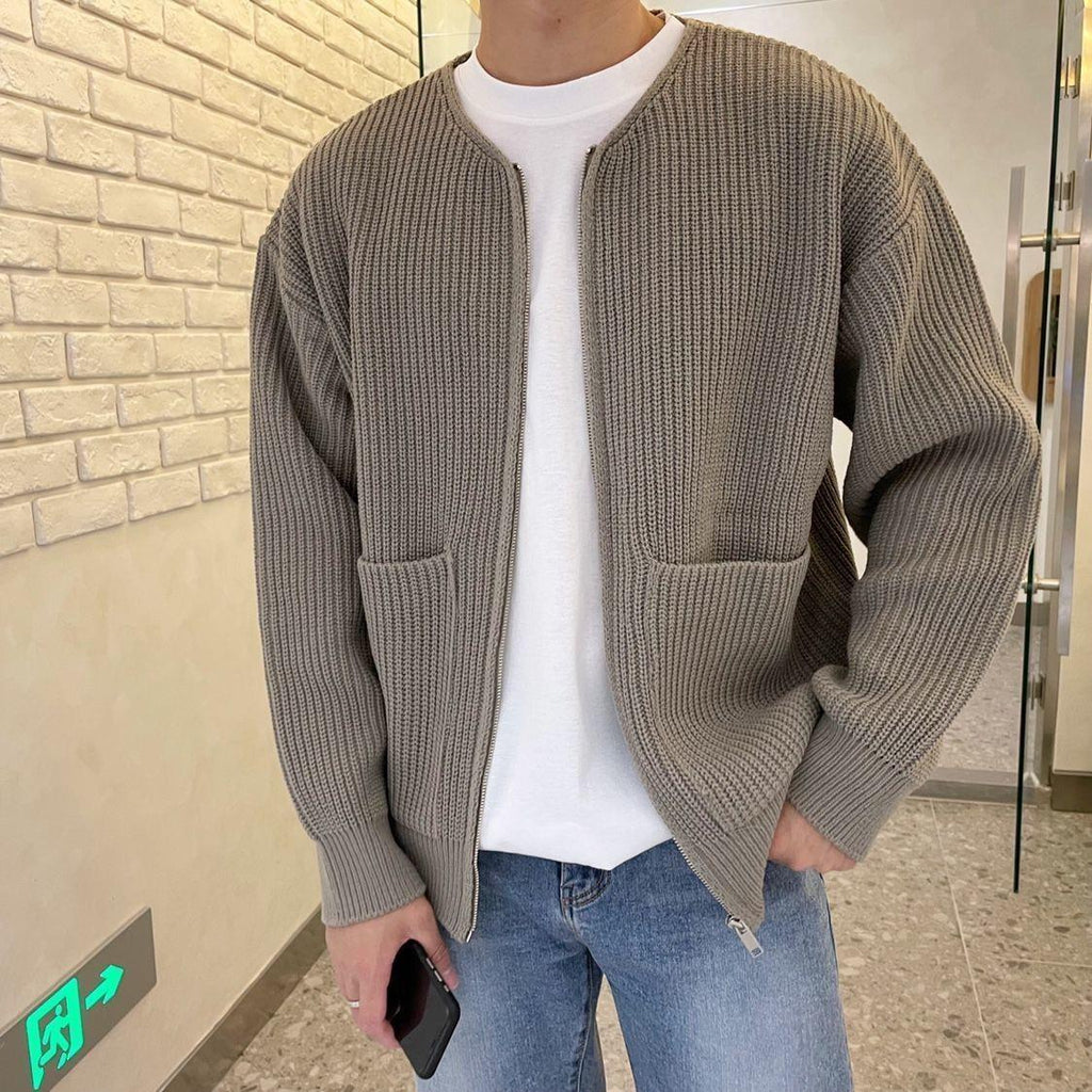 Dennis | Men's Ribbed Zip-Up Bomber Cardigan – Stylish Knit Jacket with Stand Collar