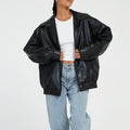 Women's Leather Bomber Jacket with Zip Front and Elastic Cuffs