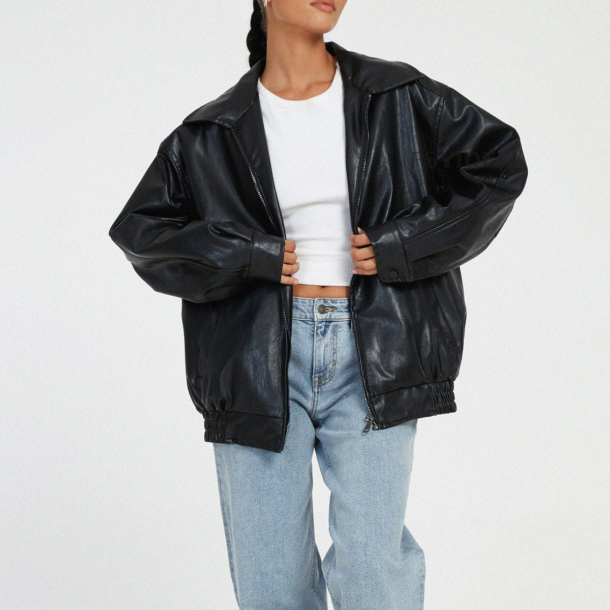 Women's Leather Bomber Jacket with Zip Front and Elastic Cuffs