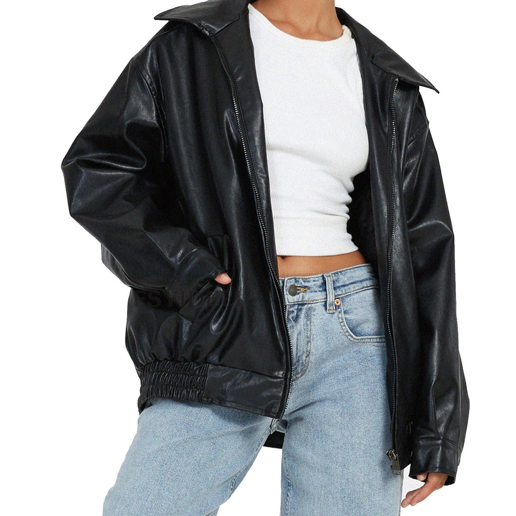 Women's Leather Bomber Jacket with Zip Front and Elastic Cuffs