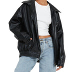 Women's Leather Bomber Jacket with Zip Front and Elastic Cuffs