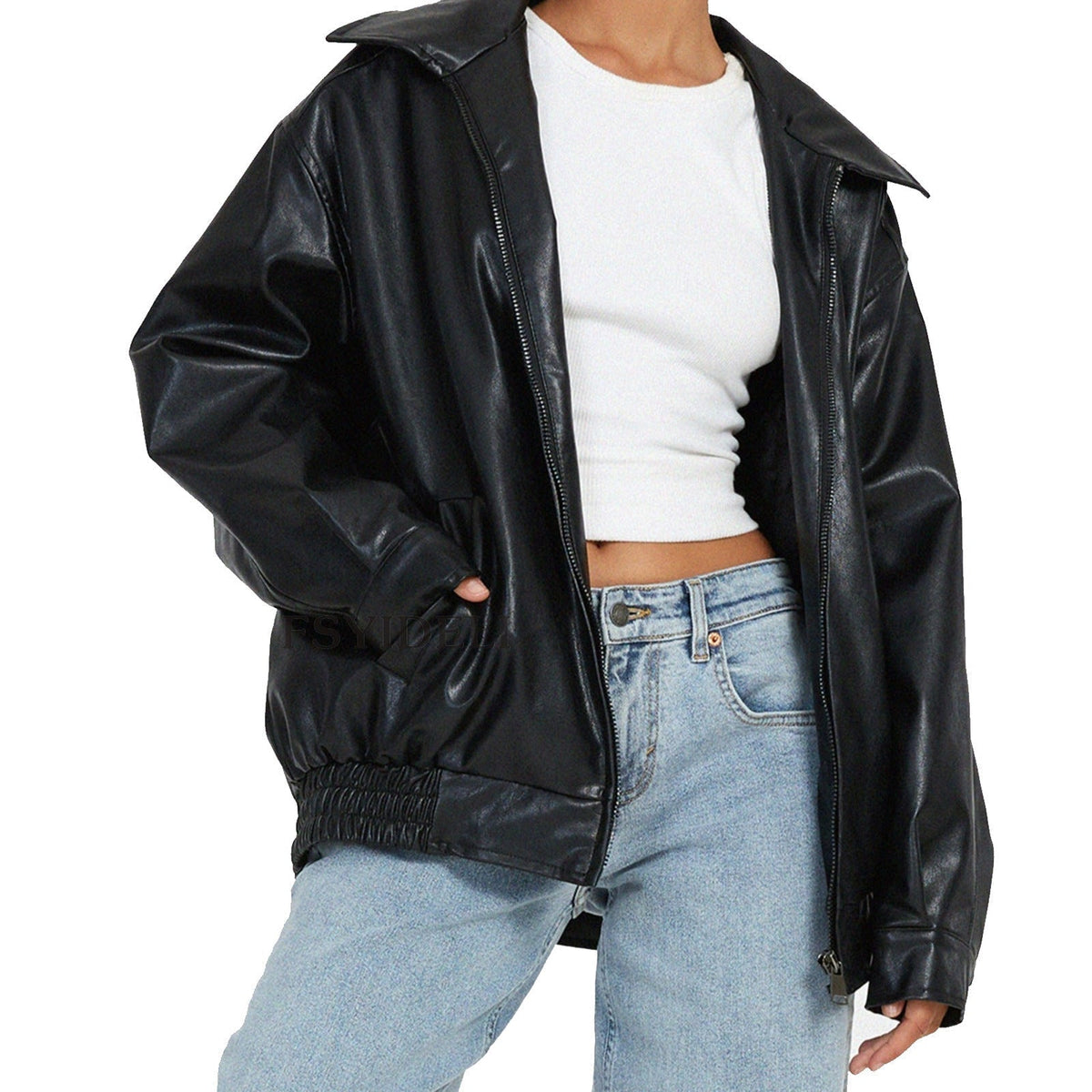 Women's Leather Bomber Jacket with Zip Front and Elastic Cuffs