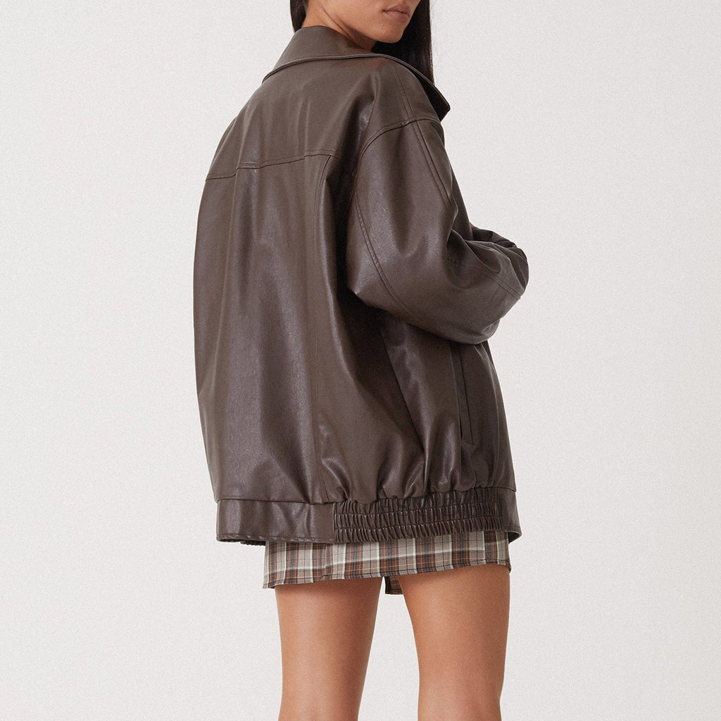 Women's Leather Bomber Jacket with Zip Front and Elastic Cuffs