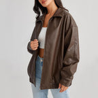 Women's Leather Bomber Jacket with Zip Front and Elastic Cuffs