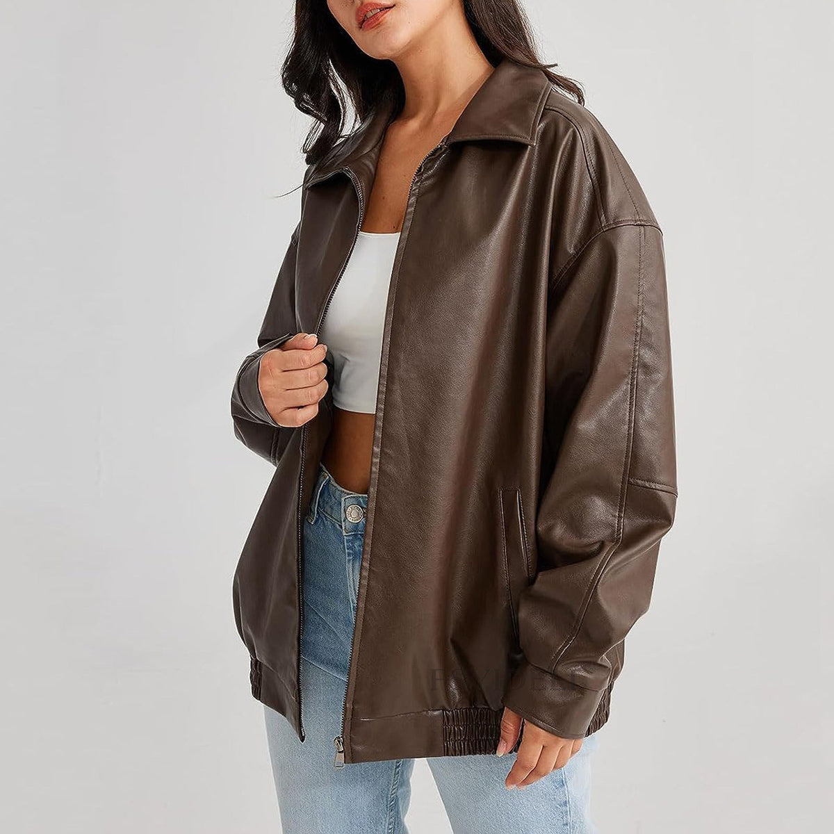 Women's Leather Bomber Jacket with Zip Front and Elastic Cuffs