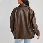 Women's Leather Bomber Jacket with Zip Front and Elastic Cuffs