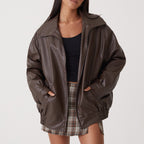 Women's Leather Bomber Jacket with Zip Front and Elastic Cuffs