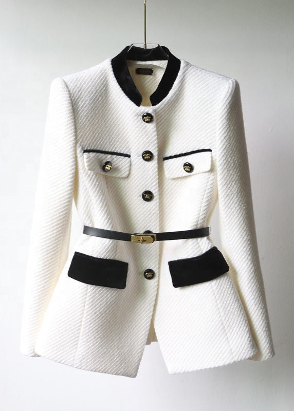 Women's Textured Jacket with Black Trim and Belted Waist