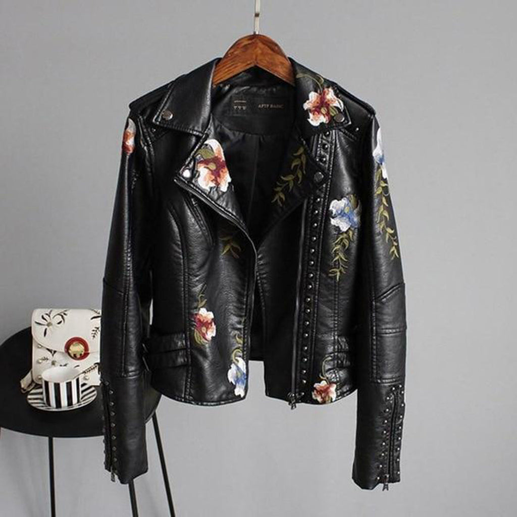 Women's Floral Embroidered Biker Jacket with Studded Accents and Zip Closure