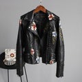 Women's Floral Embroidered Biker Jacket with Studded Accents and Zip Closure