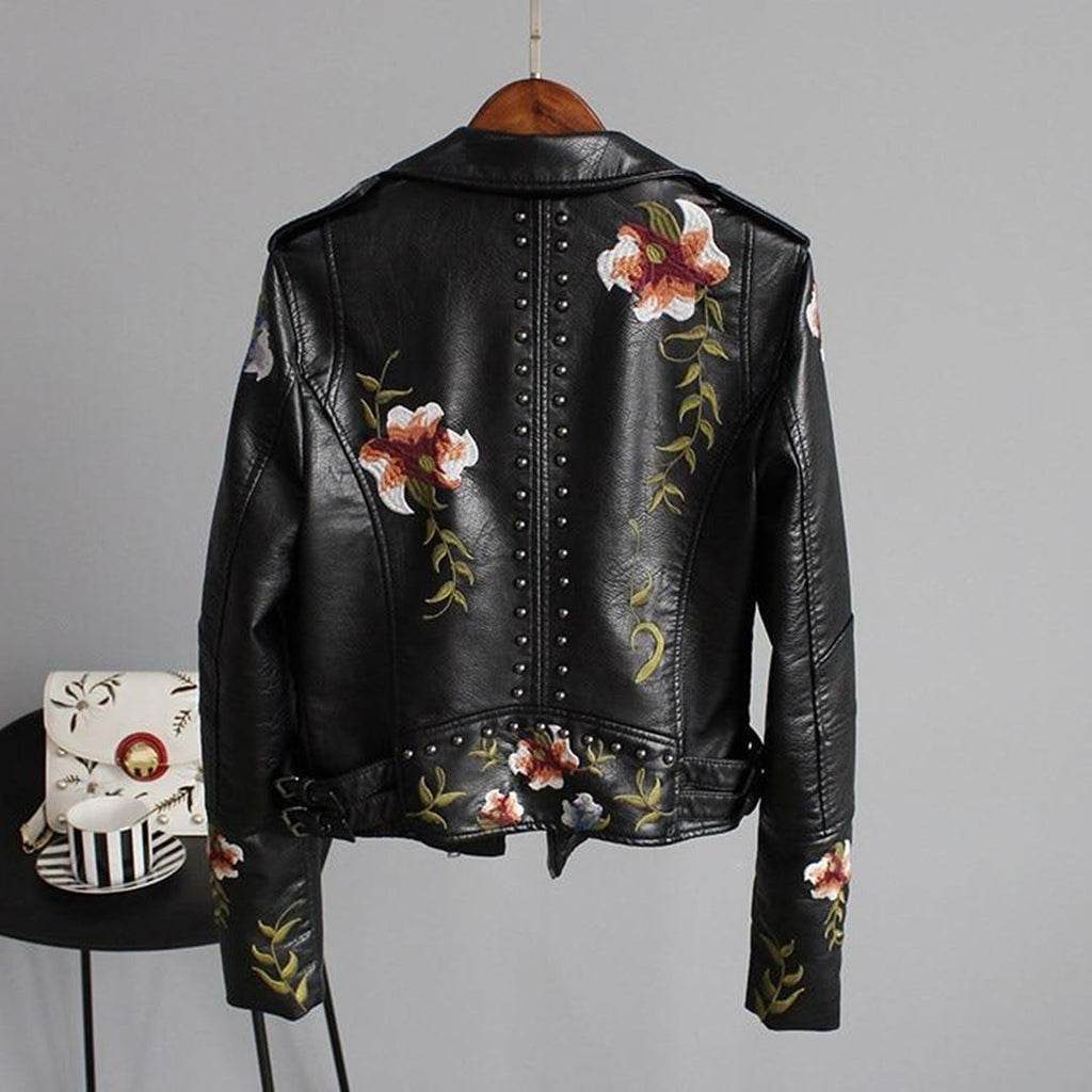 Women's Floral Embroidered Biker Jacket with Studded Accents and Zip Closure