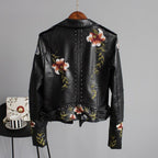 Women's Floral Embroidered Biker Jacket with Studded Accents and Zip Closure