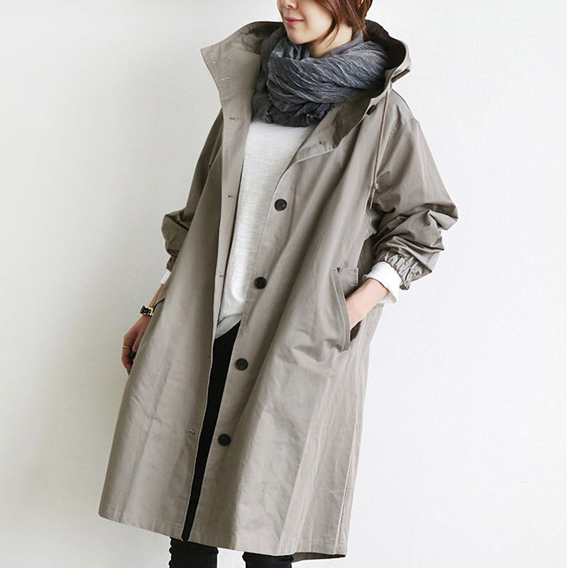 Women's Hooded Trench Coat with Adjustable Cuffs and Snap Button Closure