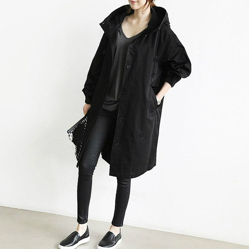 Women's Hooded Trench Coat with Adjustable Cuffs and Snap Button Closure