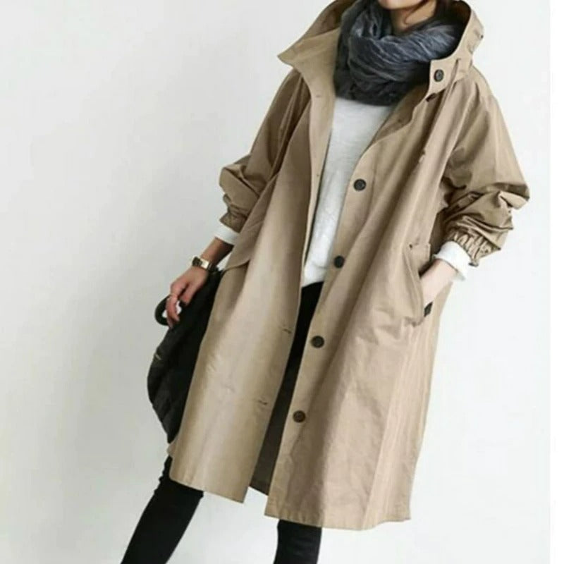Women's Hooded Trench Coat with Adjustable Cuffs and Snap Button Closure