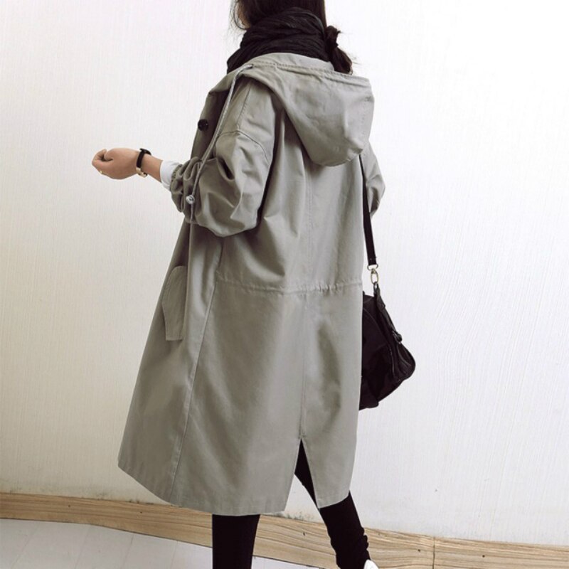 Women's Hooded Trench Coat with Adjustable Cuffs and Snap Button Closure