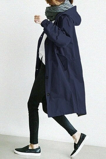 Women's Hooded Trench Coat with Adjustable Cuffs and Snap Button Closure