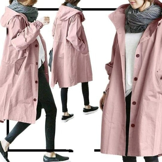 Women's Hooded Trench Coat with Adjustable Cuffs and Snap Button Closure
