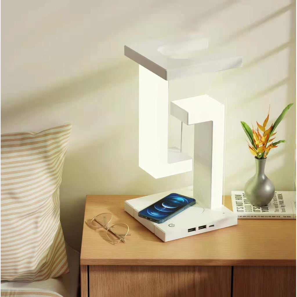 Rechargeable LED Table Lamp - Floating Tensegrity Design & USB Charging - White Classic