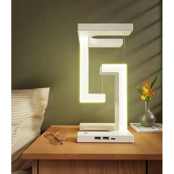 Rechargeable LED Table Lamp - Floating Tensegrity Design & USB Charging - White Wireless Charging