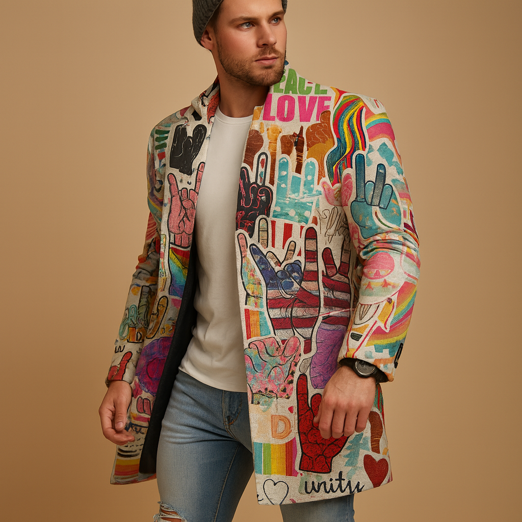 Stylish Long Coat with Eye-Catching Graphic Print
