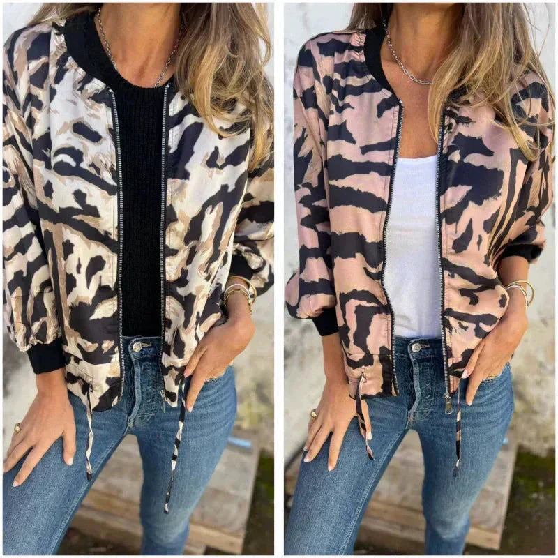 Women's Animal Print Bomber Jacket with Zipper and Elastic Cuffs