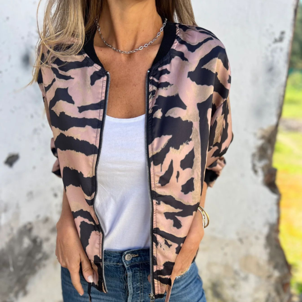 Women's Animal Print Bomber Jacket with Zipper and Elastic Cuffs