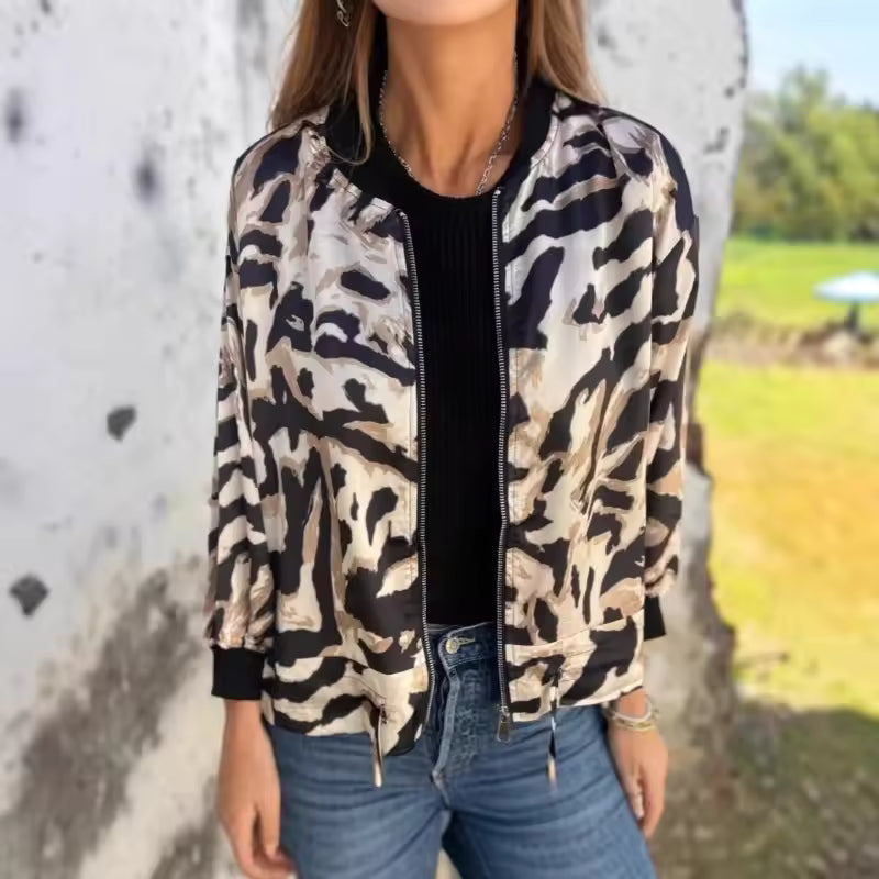 Women's Animal Print Bomber Jacket with Zipper and Elastic Cuffs