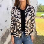 Women's Animal Print Bomber Jacket with Zipper and Elastic Cuffs