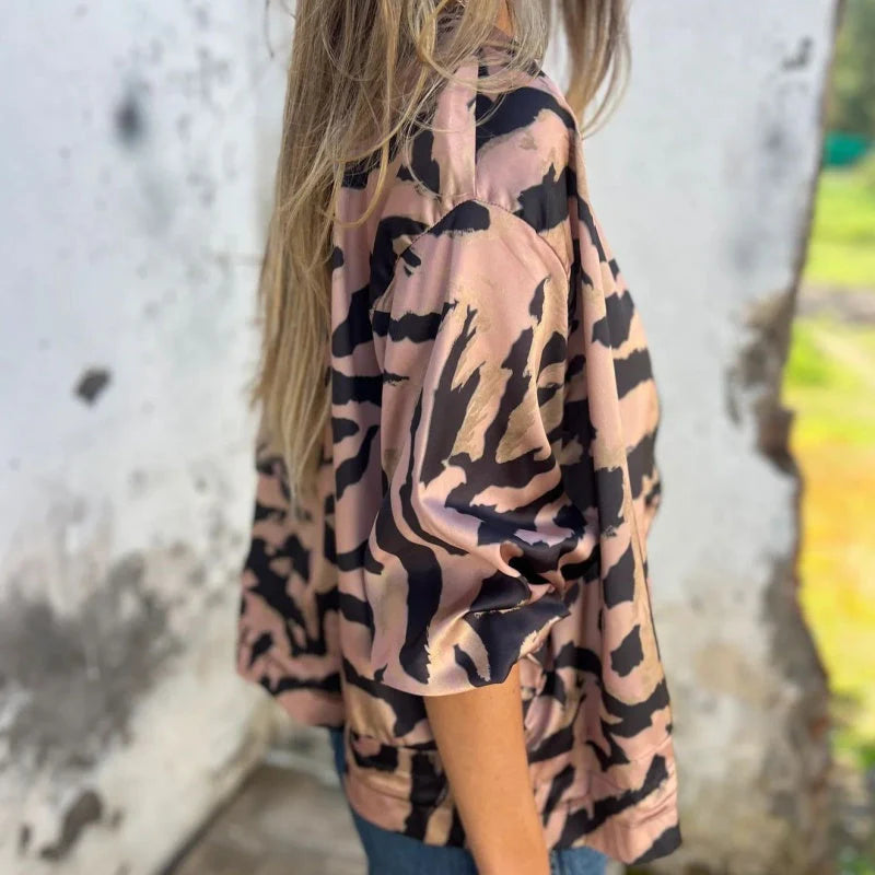 Women's Animal Print Bomber Jacket with Zipper and Elastic Cuffs